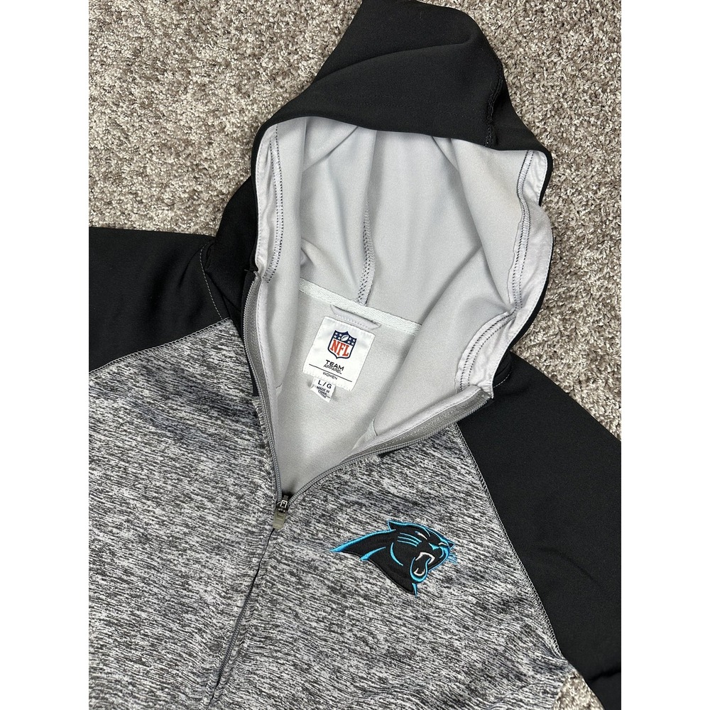 Carolina Panthers Hoodie Jacket Womens Large Gray Black NFL Football Thumb Holes
